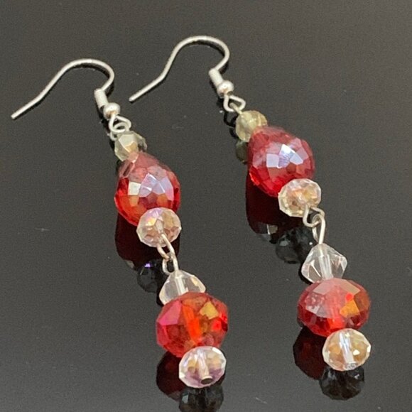 Bright Red & Clear Crystal Bead Dangle Handmade Earrings OOAK J749 - Picture 1 of 4
